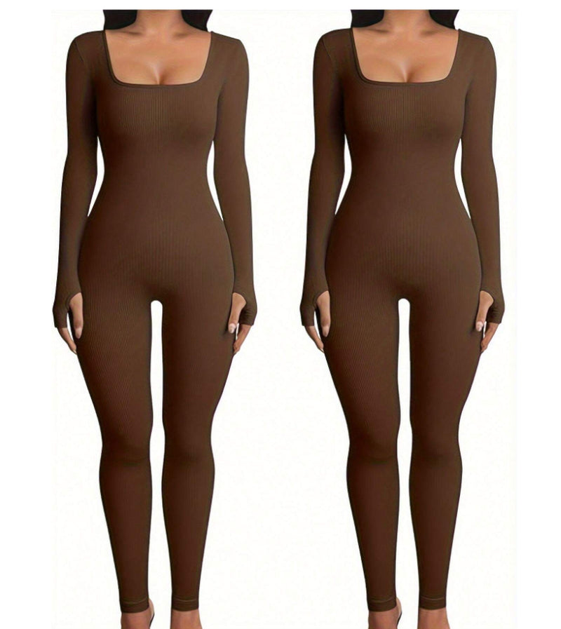 Women'S Yoga Sports Fitness Jumpsuit Workout Long Sleeve Square Collar Clothing