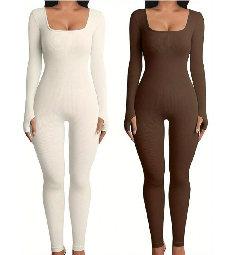 Women'S Yoga Sports Fitness Jumpsuit Workout Long Sleeve Square Collar Clothing