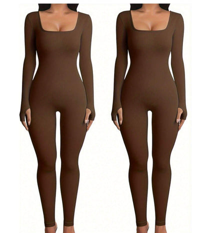 Women'S Yoga Sports Fitness Jumpsuit Workout Long Sleeve Square Collar Clothing