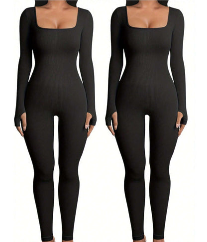 Women'S Yoga Sports Fitness Jumpsuit Workout Long Sleeve Square Collar Clothing