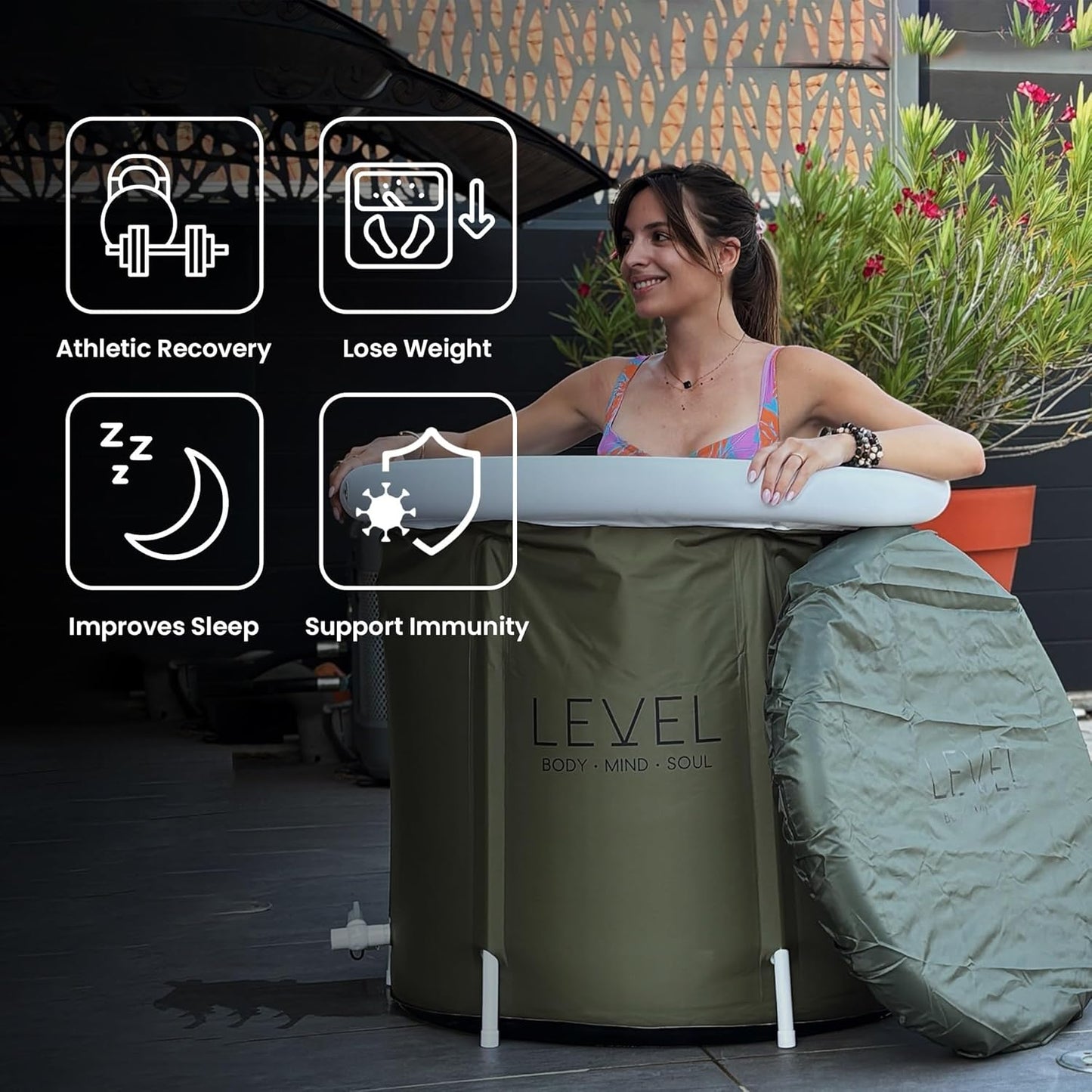 - Tragbares Eisbad Mit Inkludierter Abdeckung, Grünes Camouflage - Eisbad Für Sportler, Muskelregeneration Nach Dem Training - Aufblasbare Tragbare Eisbadewanne 75X75 Cm