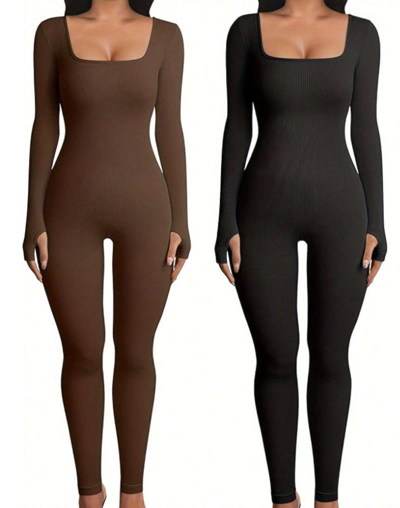 Women'S Yoga Sports Fitness Jumpsuit Workout Long Sleeve Square Collar Clothing