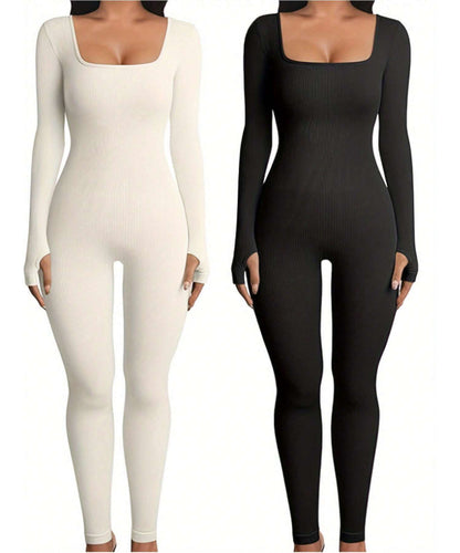 Women'S Yoga Sports Fitness Jumpsuit Workout Long Sleeve Square Collar Clothing