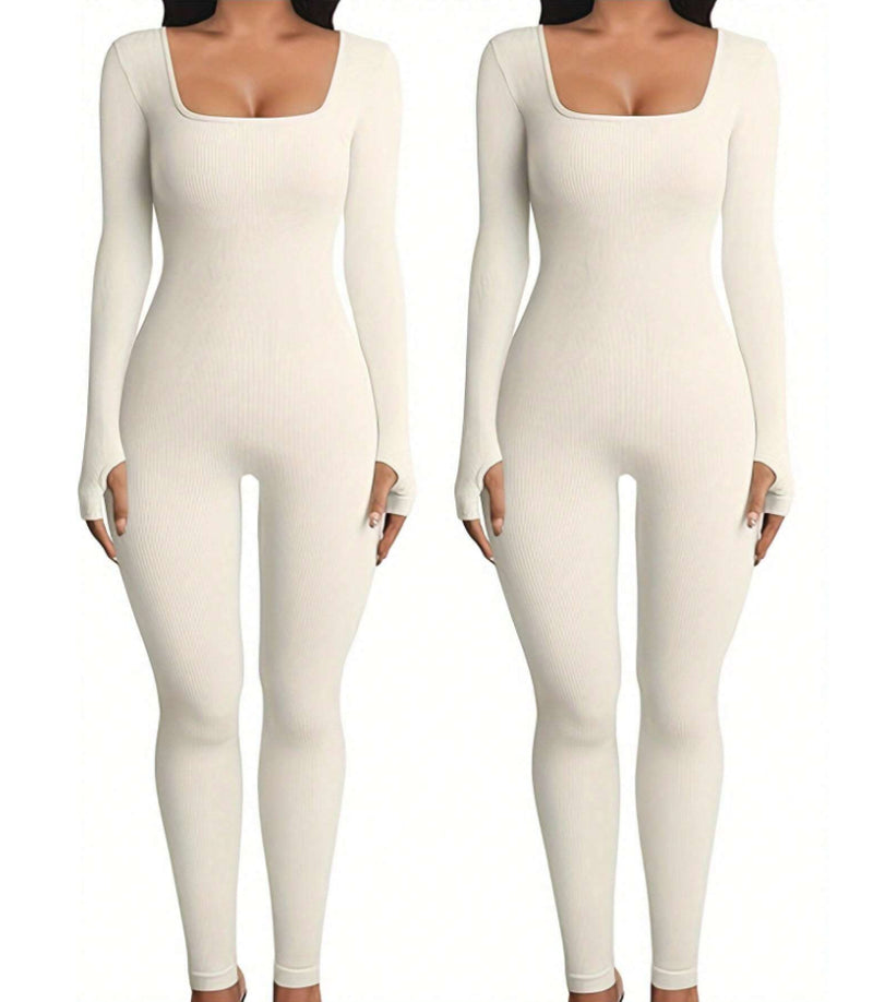 Women'S Yoga Sports Fitness Jumpsuit Workout Long Sleeve Square Collar Clothing