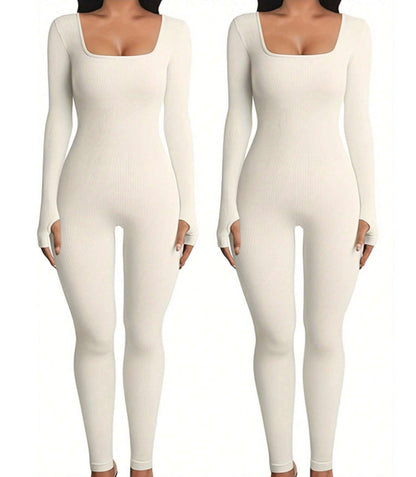 Women'S Yoga Sports Fitness Jumpsuit Workout Long Sleeve Square Collar Clothing